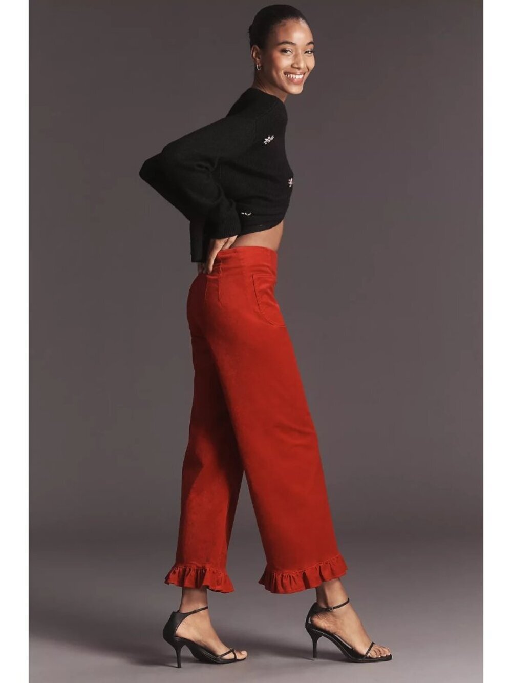 The Colette Crop Velvet Ruffle-Hem Pants by Maeve Red 32 - Picture 2 of 4
